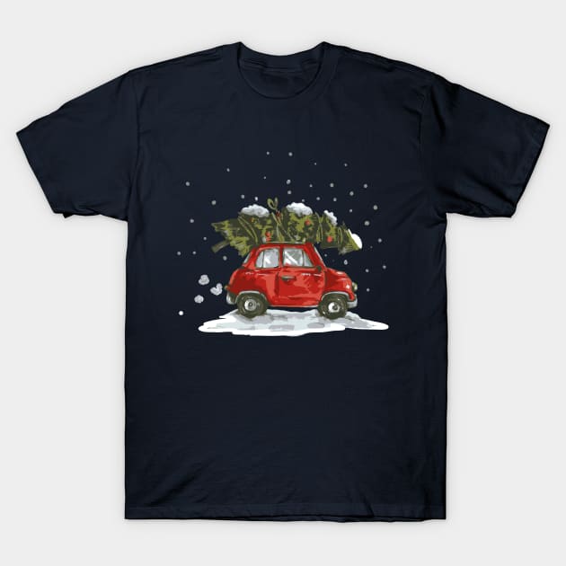 Retro Christmas Car and Tree T-Shirt by JunkyDotCom